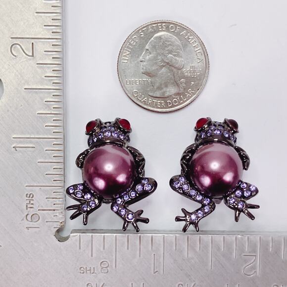 Joan Rivers Signed Frog Earrings Rhinestones Fx Pearl Clip On Vintage Whimsical - Picture 10 of 11